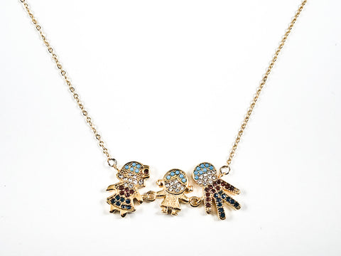Cute Multi Color Stone Parent Child Pendant Charm Gold Tone Steel Necklace