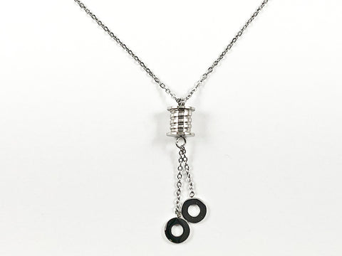 Nice Dainty Shiny Metallic Cylinder With Dangling Circular Disc Silver Tone Steel Necklace