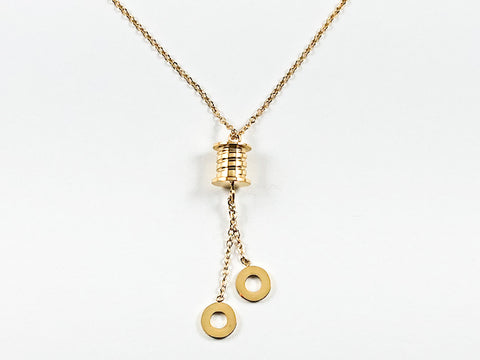 Nice Dainty Shiny Metallic Cylinder With Dangling Circular Disc Gold Tone Steel Necklace