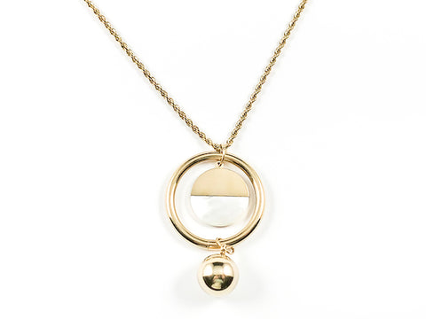 Beautiful Unique Large Round Shiny Metallic With Mother Of Pearl Pendulum Design Gold Tone Long Steel Necklace