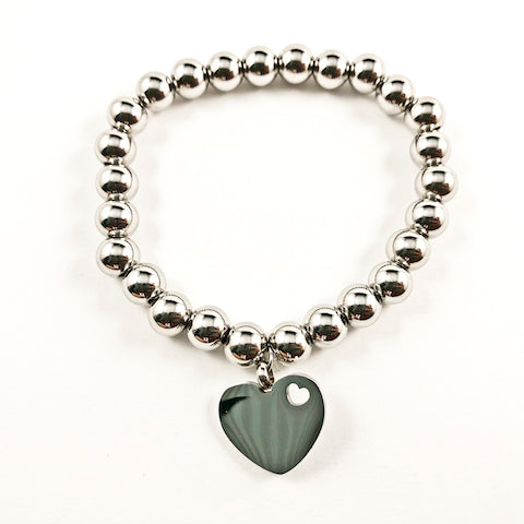 Nice Shiny Metallic Heart Charm & Ball Beads Stretch Steel Bracelet