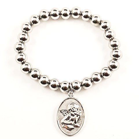 Nice Religious Angel Metallic Charm & Ball Beads Stretch Steel Bracelet