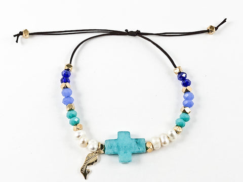 Unique Multi Color Bead With Turquoise Color Cross Charm Draw String Steel Bracelet