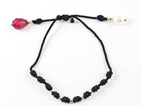 Unique Hand Braided Black String With Ruby & Pearl Stone Draw String Steel Bracelet