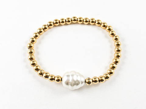 Nice Yellow Gold Bead With Single Baroque Pearl Stretch Steel Bracelet
