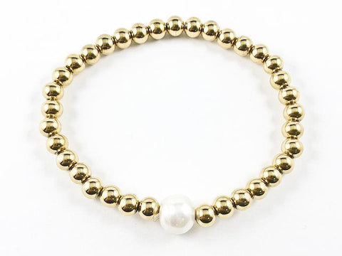Nice Gold Tone Ball Beads With Center Pearl Stretch Steel Bracelet