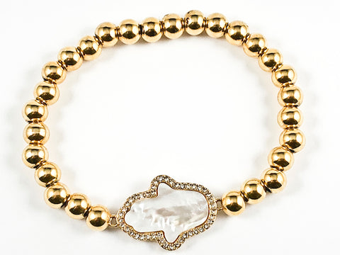 Beautiful Hamsa Hand With Mother Of Pearl & CZ Charm Shiny Gold Tone Bead Stretch Steel Bracelet