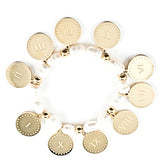 Nice Religious Gold Tone Ten Commandments Round Disc & Pearl Stretch Steel Bracelet