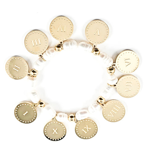 Nice Religious Gold Tone Ten Commandments Round Disc & Pearl Stretch Steel Bracelet