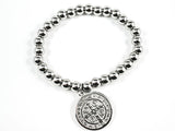 Religious Round Saint Benedict Double Side Charm Ball Beads Stretch Steel Bracelet