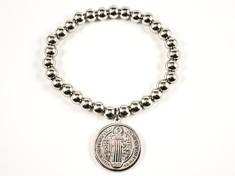 Religious Round Saint Benedict Double Side Charm Ball Beads Stretch Steel Bracelet