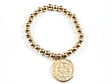 Religious Round Saint Benedict Double Side Charm Gold Tone Ball Beads Stretch Steel Bracelet