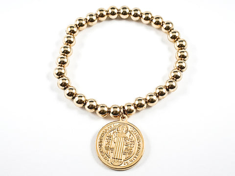 Religious Round Saint Benedict Double Side Charm Gold Tone Ball Beads Stretch Steel Bracelet