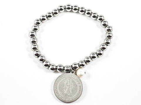 Religious Virgin Of Guadalupe Figure Charm With Dangle Pearl Ball Beads Steel Stretch Bracelet
