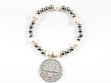 Religious Round Double Sided Saint Benedict/ San Benito Charm Ball Beads & Pearl Stretch Steel Bracelet