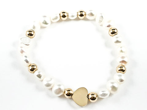 Cute Micro Heart Charm With Gold Ball Beads & Pearl Steel Stretch Bracelet