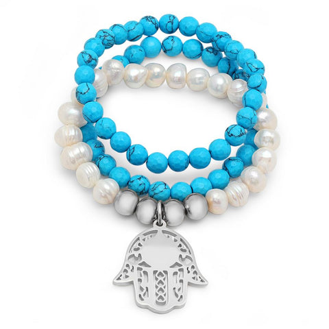 Beautiful 3 Piece Set Turquoise & Pearl Stones Dangling Hamsa hand Stretch Steel Bracelet
