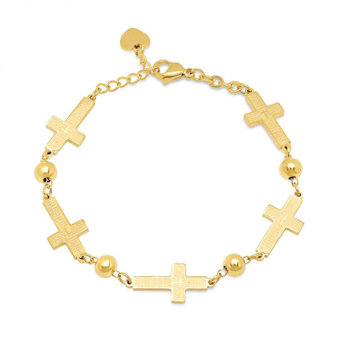 Religious Cross With Our Father Prayer Script Linked Gold Tone Steel Bracelet