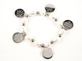 Nice Pearl & Round Religious 10 Commandments  Gold Tone Disc Steel Stretch Bracelet