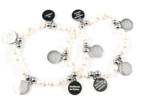 Beautiful Pearl & Silver Tone Round Disc 10 Commandment Discs 2 Piece Stretch Steel Bracelet Set