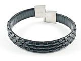 Nice Textured Weave Design Style Black Leather Slide Clasp Men Steel Bracelet