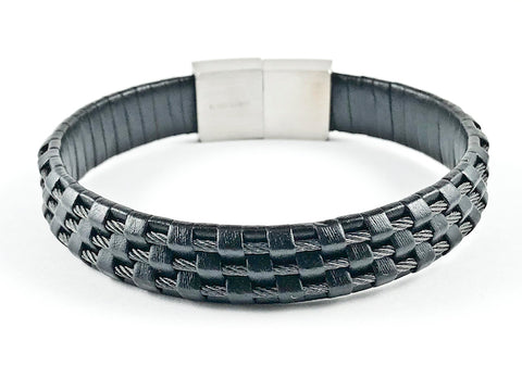Nice Textured Weave Design Style Black Leather Slide Clasp Men Steel Bracelet