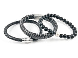 Nice Mix Design 3 Piece Set Leather & Ball Beads Black Men Steel Bracelet