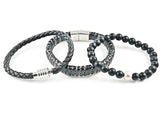 Nice Mix Design 3 Piece Set Leather & Ball Beads Black Men Steel Bracelet