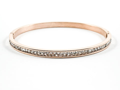 Simple One Row Unique Crystal Pattern Pink Gold Tone Steel Bangle