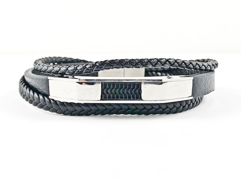 Nice Layered Multi String Black Leather & Rope Men's Steel Bracelet