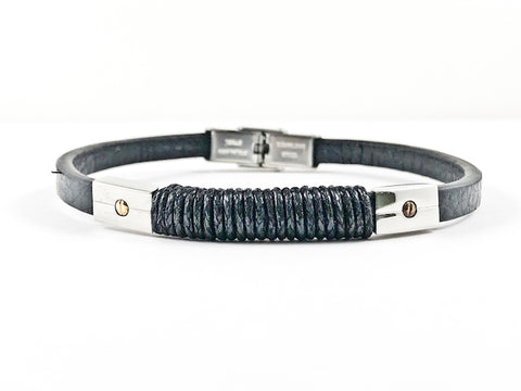 Nice Black Leather & Rope Design With Screw Accent Magnetic Men's Steel Bracelet