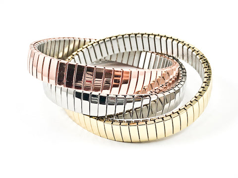 Modern Interlocked Tri Color Set Of 3 Stretch Steel Bracelet