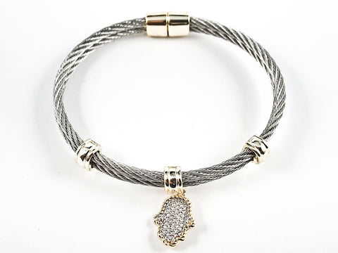 Beautiful Textured Cable Wire Style Magnetic Clasp Two Tone Dangle Hand CZ Steel Bangle