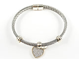 Beautiful Textured Cable Wire Style Magnetic Clasp Two Tone Dangle Heart CZ Steel Bangle