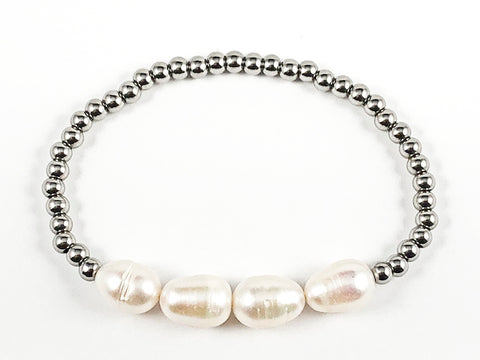 Nice 4 Piece Pearl With Silver Ball Bead Stretch Steel Bracelet