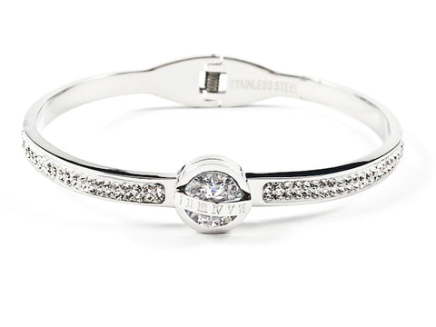 Beautiful Center CZ With Roman Numeral Cross Half Crystal Band Hinge Back Silver Tone Steel Bangle