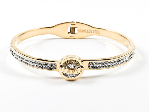 Beautiful Center CZ With Roman Numeral Cross Half Crystal Band Hinge Back Gold Tone Steel Bangle