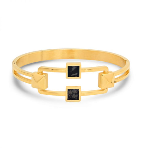 Unique Open Design With Black Mother Of Pearl Stones Studded Hinge Gold Tone Steel Bangles