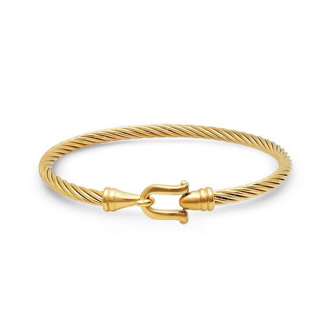 Modern Cable Wire With Hook Clasp Gold Tone Steel Bangle