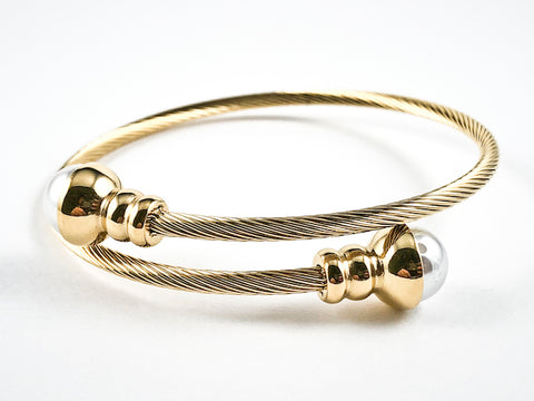 Beautiful Double Pearl Ends Design Wire Texture Band Wrap Gold Tone Steel Bracelet Bangle