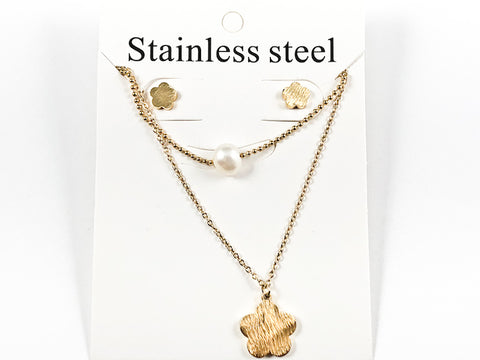 Unique Layered Design Pearl & Star Shape Brushed Finish Gold Tone Necklace & Earring Steel Set
