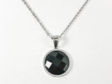 Classic Round Black Onyx CZ Silver Tone Necklace Earring Steel Set