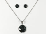 Classic Round Black Onyx CZ Silver Tone Necklace Earring Steel Set