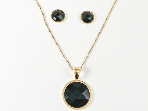 Classic Round Black Onyx CZ Gold Tone Necklace Earring Steel Set