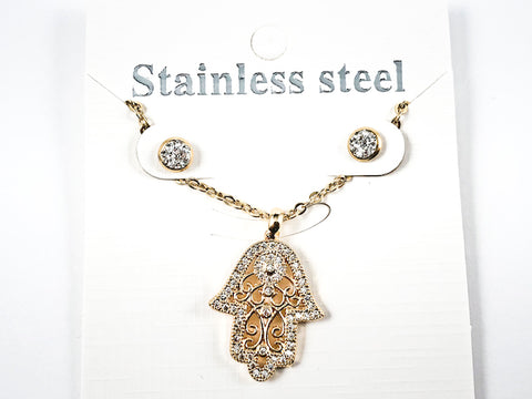 Nice Open Mosaic Hamsa Hand Design Gold Tone Necklace Charm & Crystal Earring Necklace Steel Set