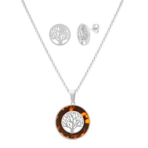 Modern Tree of Life Tortoise Shell Frame Earring Necklace Steel Set