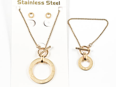 Unique Open Round Roman Numerals Design Toggle Earring Necklace Bracelet Gold Tone Steel Set