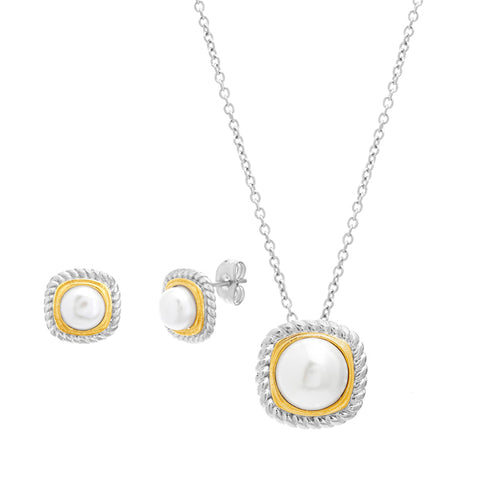Modern 2 Tone Rounded Square Shaped With Pearl Center Earring Necklace Steel Set
