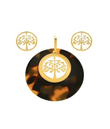 Modern Tree Of Life Design With Tortoise Shell Pendant Earring Steel Set