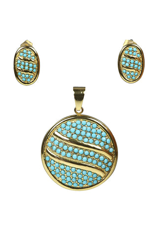 Elegant Round Oval Micro Turquoise Stone Earring Pendant Steel Set